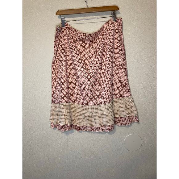 American Eagel Cottage Y2K Boho Cotton Printed Ruffle Red & Ivory Skirt Size 12 - Picture 2 of 10